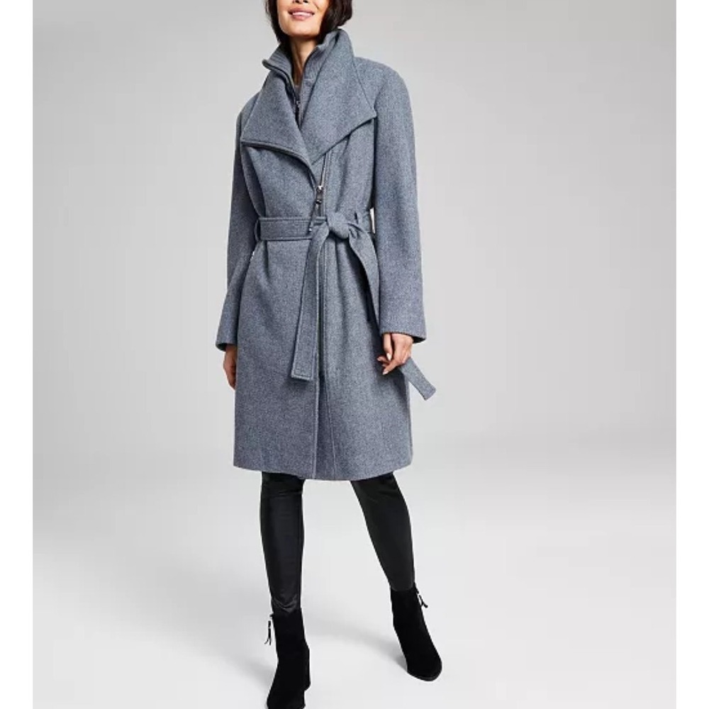 Calvin Klein Grey Women's Wool Blend Angled Twill Wrap Belted Coat Size XS - Picture 1 of 15